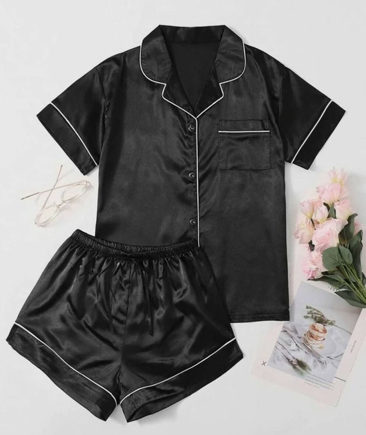 Siyah Renk Saten Yazlık Pijama Takımı